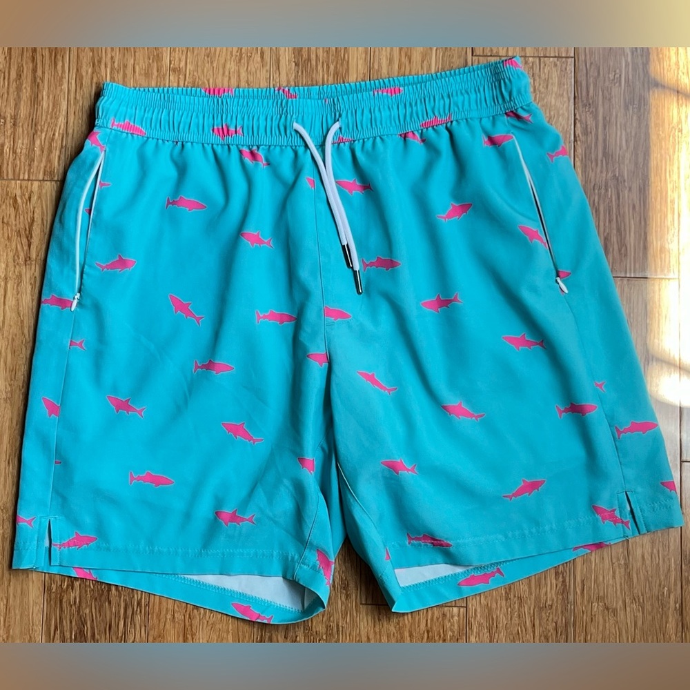 Mens Maamgic Drawstring Lined Swim Trunks/Shorts Pink Sharks Large
